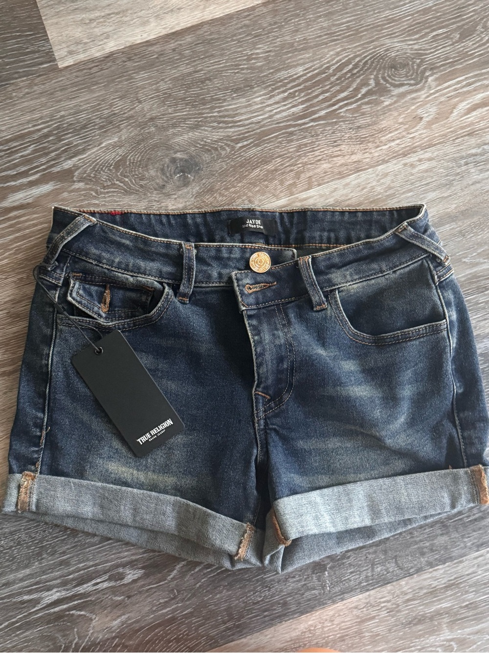 True Religion Jayne Denim Rolled Hem Shorts - Dark Blue low rised